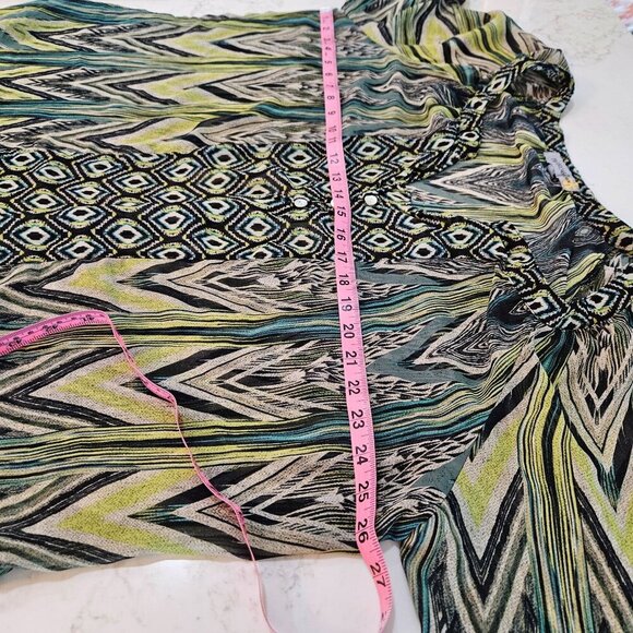 Figueroa & Flower 3X Sheer Green Boho Tunic Blouse 3/4 Sleeve Peacock Print - Picture 8 of 9